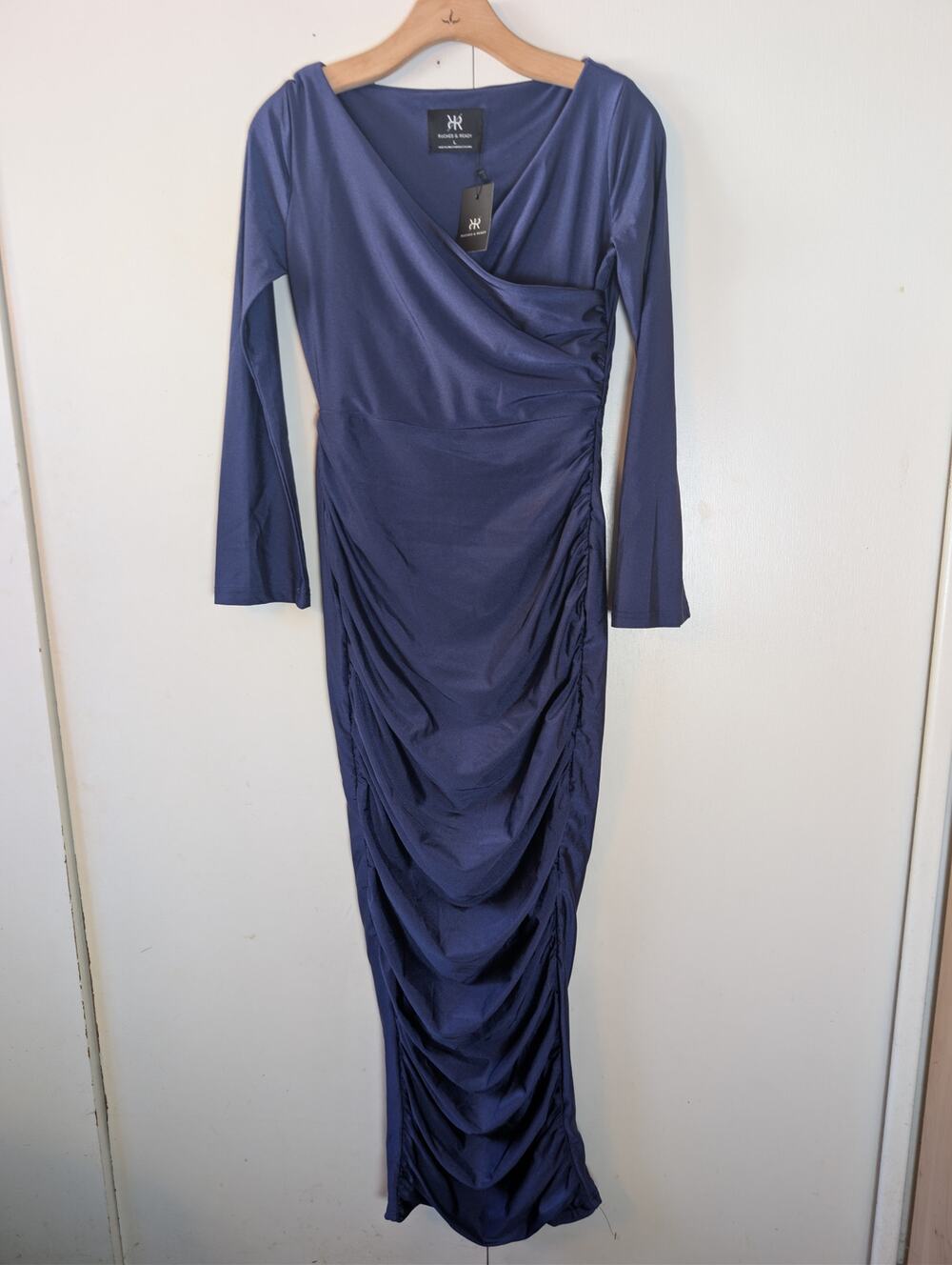 Ruched & Ready Blue V Neck Long Sleeve Dress